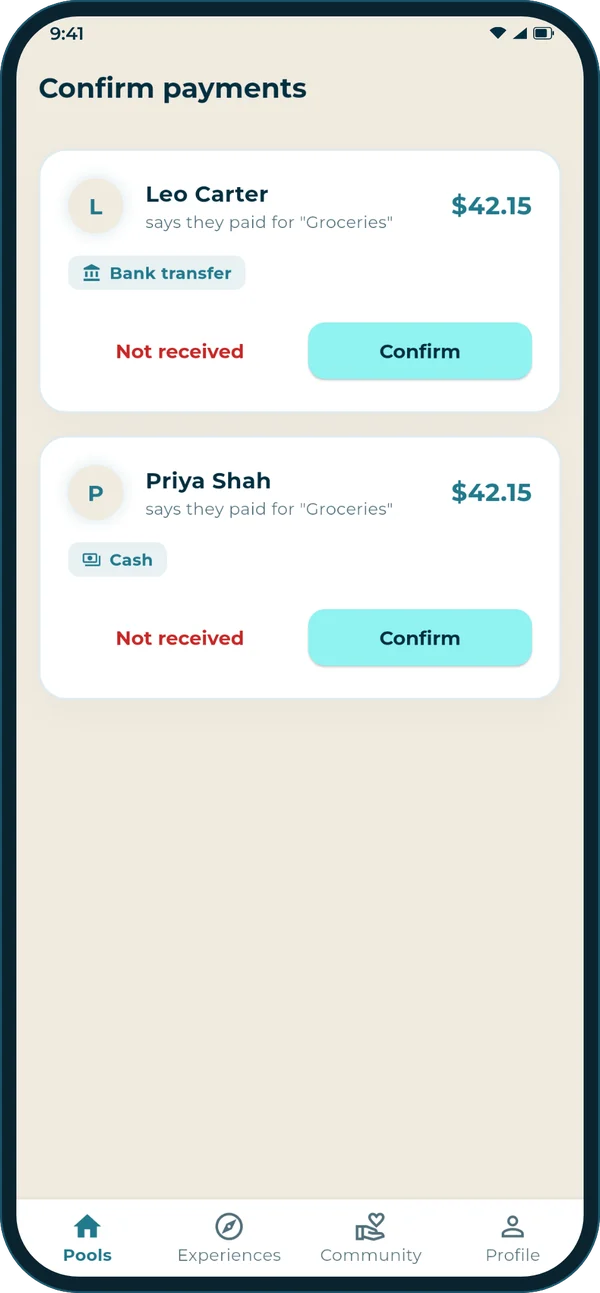 Confirm payments screen: two members say they paid for groceries, with Confirm and Not received buttons